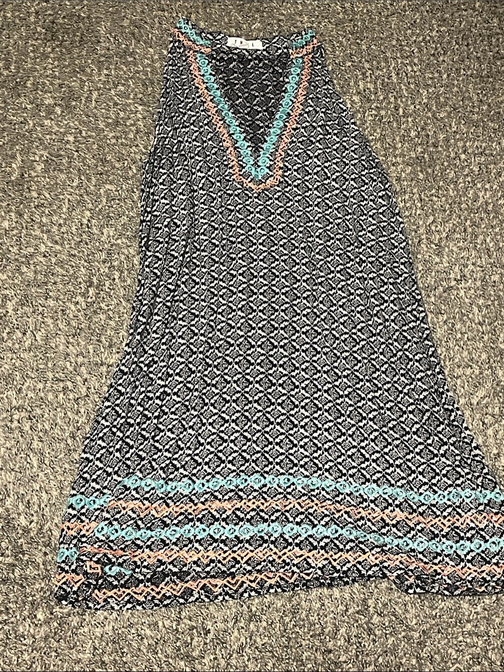 THML Black & White Geometric Midi Dress with Aqua and Peach Accents